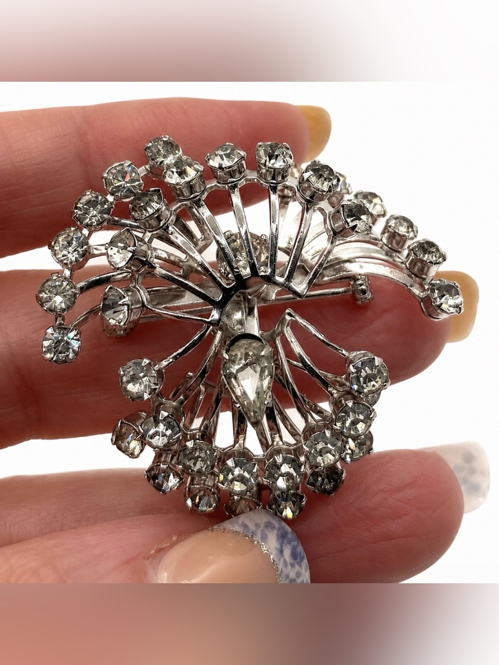 Coro Art Deco Spiral Swirl Silver Tone Metallic & Rhinestone Pin Brooch Vintage